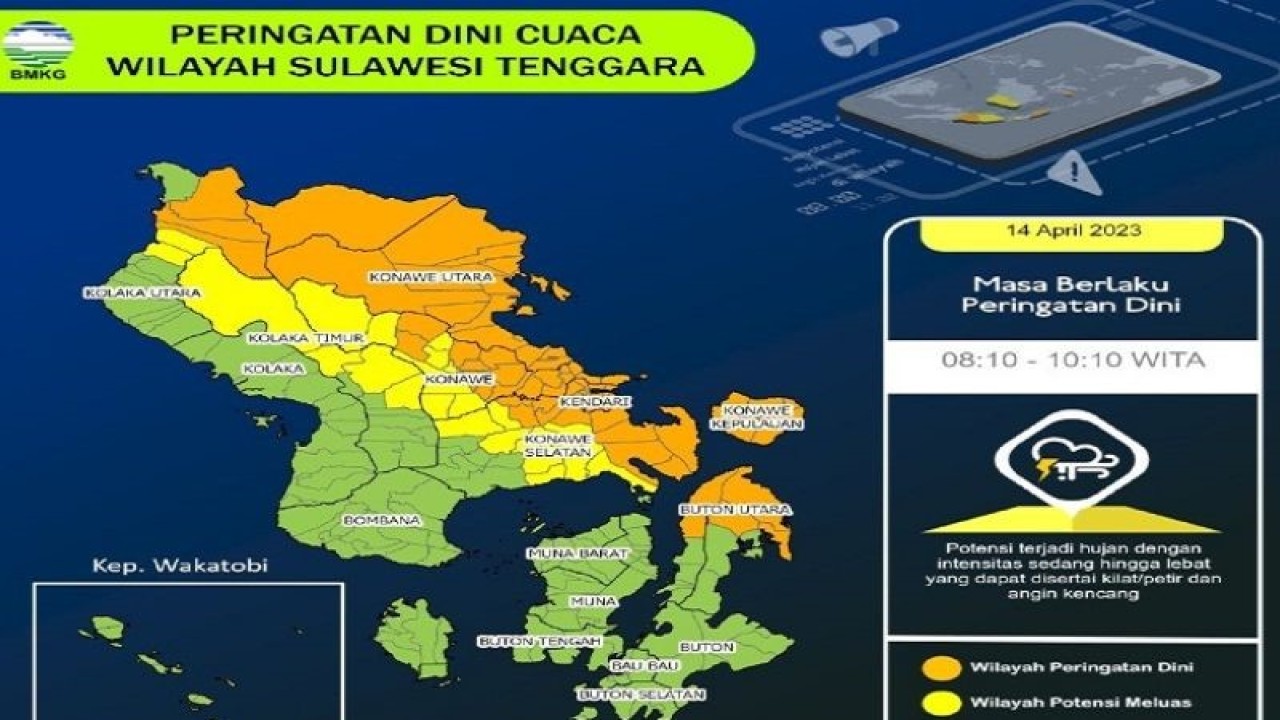 Perbaruan Prakiraan Cuaca BMKG: Kendari hingga Muna Berpotensi Hujan Ringan, Kolaka, Baubau Berawan