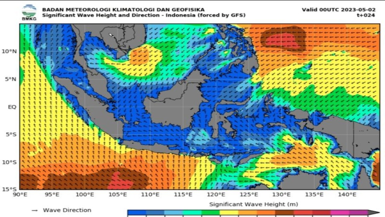 Peta potensi gelombang tinggi pada 2-4 Mei 2023 yang dirilis Badan Meteorologi Klimatologi, dan Geofisika (BMKG) Senin (1/5/2023). (ANTARA/HO-BMKG)