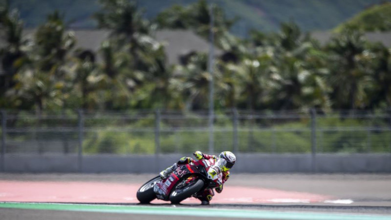 Pebalap Aruba.it Racing-Ducati Alvaro Bautista memacu kecepatan saat Race 2 WSBK 2023 di Pertamina Mandalika International Street Circuit di KEK Mandalika, Praya, Lombok Tengah, NTB, Minggu (5/3/2023). ANTARA FOTO/M Agung Rajasa/nym.