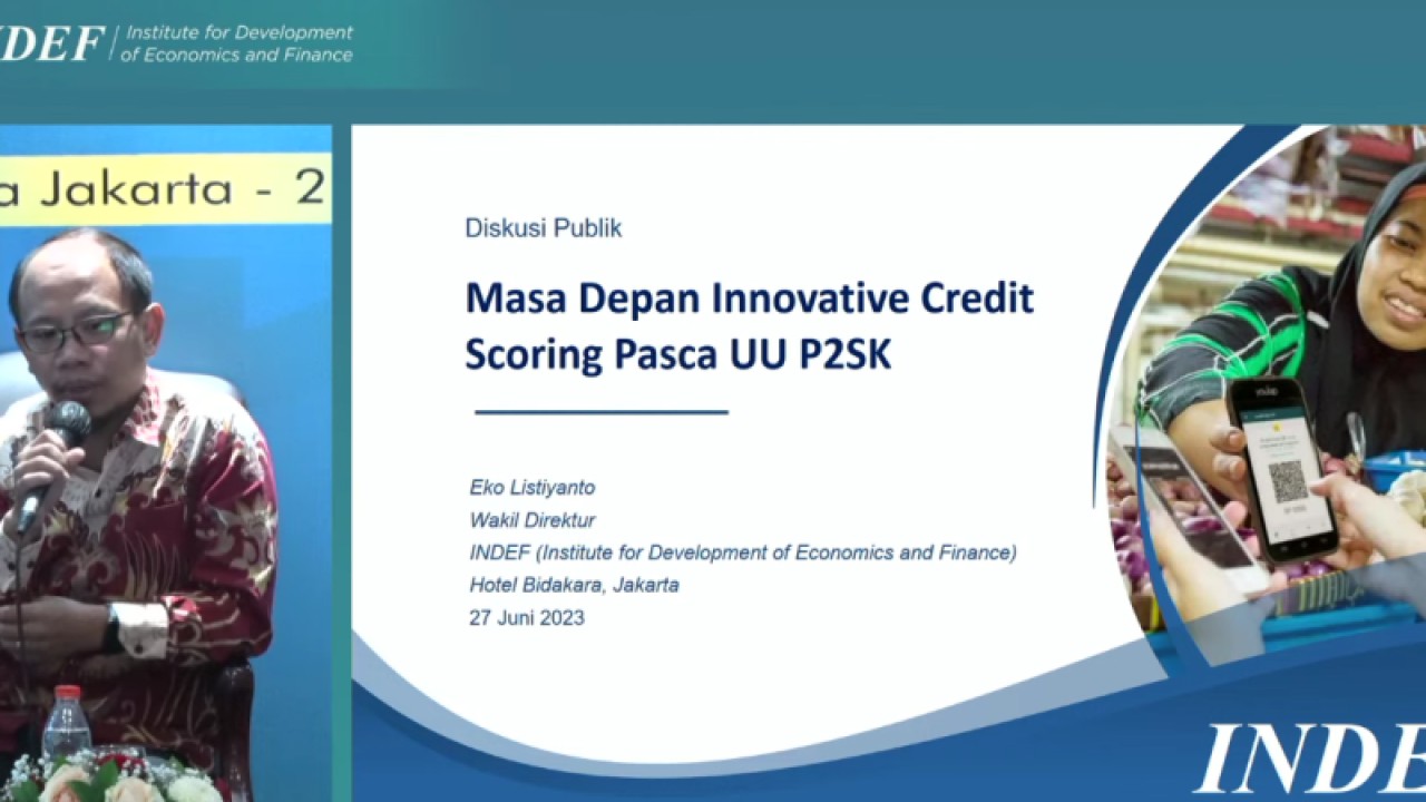 Tangkapan layara Wakil Direktur Institute for Development of Economics and Finance (INDEF) Eko Listiyanto dalam Diskusi Publik bertajuk “Masa Depan Innovative Credit Scoring Pasca UU P2SK” di Jakarta, Selasa. (ANTARA/ Muhammad Heriyanto)