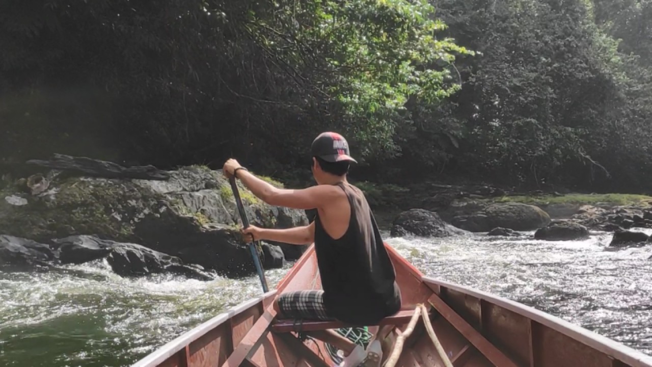 Seorang juru batu yang menahkodai perahu kayu memilih jalur lintas yang aman saat perjalanan menuju Desa Long Jalan, Kecamatan Malinau Selatan Hulu, Kabupaten Malinau, Kalimantan Utara. (ANTARA/HO-KKI Warsi)