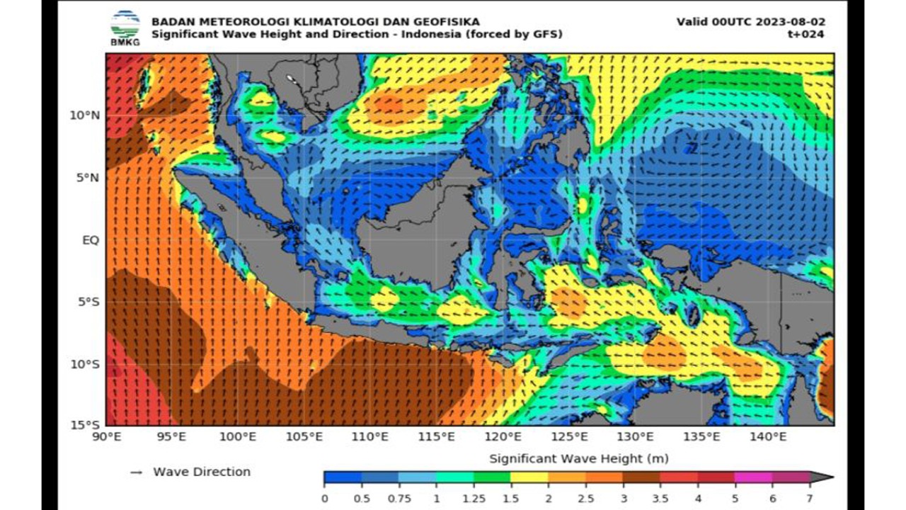 Peta potensi gelombang tinggi yang dirilis oleh Badan Meteorologi, Klimatologi, dan Geofisika (BMKG) pada Rabu (2/8/2023). (ANTARA/HO-BMKG)