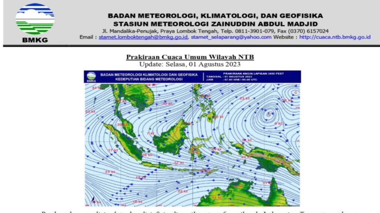 Peta kondisi cuaca di wilayah NTB (ANTARA/Humas BMKG NTB)