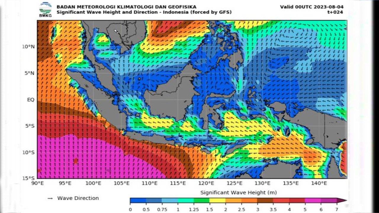Peta potensi gelombang tinggi yang dirilis Badan Meteorologi Klimatologi, dan Geofisika (BMKG) pada Jumat (4/8/2023). (ANTARA/HO-BMKG)