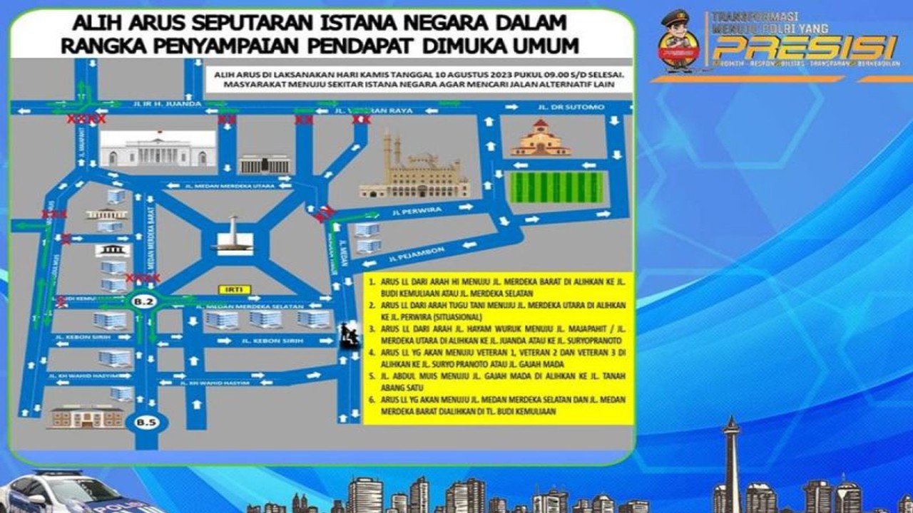 Tangkapan layar skema alih arus lalu lintas seputaran Istana Negara, Kamis (10/8/2023, 09.00 WIB). ANTARA/Instagram/@tmcpoldametro/Ilham Kausar