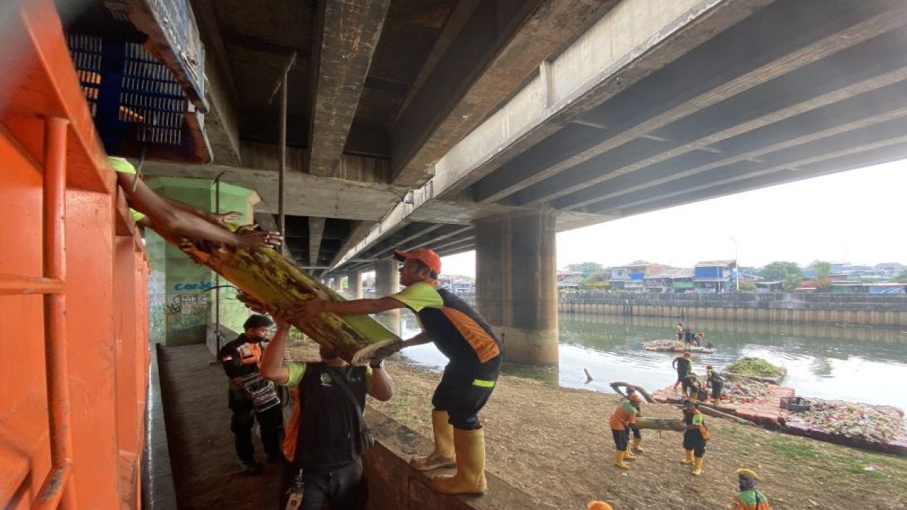 Petugas Unit Pengelola Sampah (UPS) Badan Air Jakarta Utara melakukan pembersihan Banjir kanal Barat (BJB) Teluk Intan, Kali Jodo, Penjaringan, Jakarta Utara, Kamis. (7/9/2023) ANTARA/Arif Prada