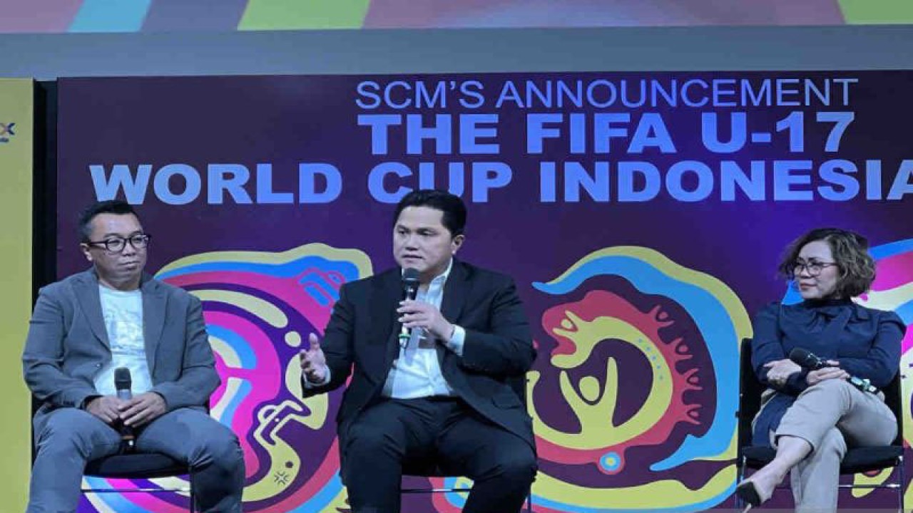 Ketua Umum PSSI Erick Tohir saat konferensi pers FIFA World Cup U-17 di Jakarta, Selasa (3/10/2023). ANTARA/Harianto