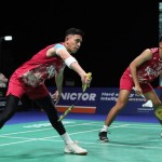 Pasangan ganda putra Indonesia Fajar Alfian/Muhammad Rian Ardianto dalam babak 16 besar Denmark Open 2023. (ANTARA/HO/PBSI)-1697772614