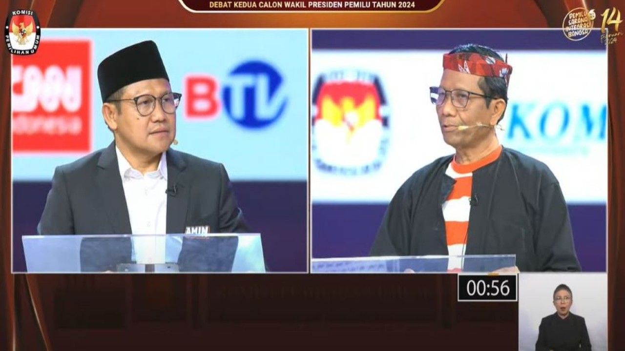 Cawapres nomor urut 1, Abdul Muhaimin Iskandar dan cawapres nomor urut 3, Mahfud MD dalam debat kedua Pilpres 2024, di Jakarta Convention Center, Senayan, Jakarta Pusat, Jumat (22/12/2023). (Tangkapan layar YouTube KPU)