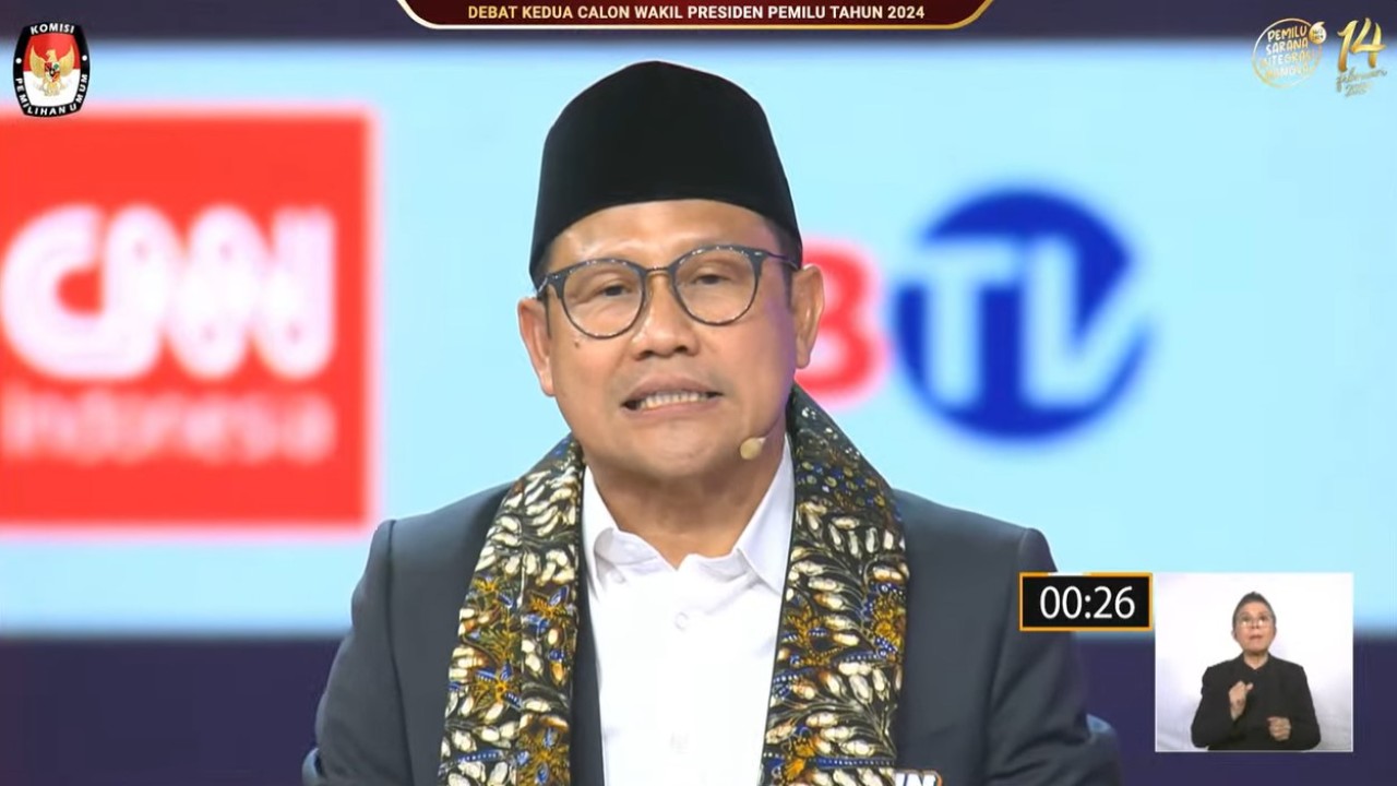 Cawapres nomor urut 1, Abdul Muhaimin Iskandar saat debat kedua Pilpres 2024, di Jakarta Convention Center, Senayan, Jakarta Pusat, Jumat (22/12/2023). (Tangkapan layar YouTube KPU)