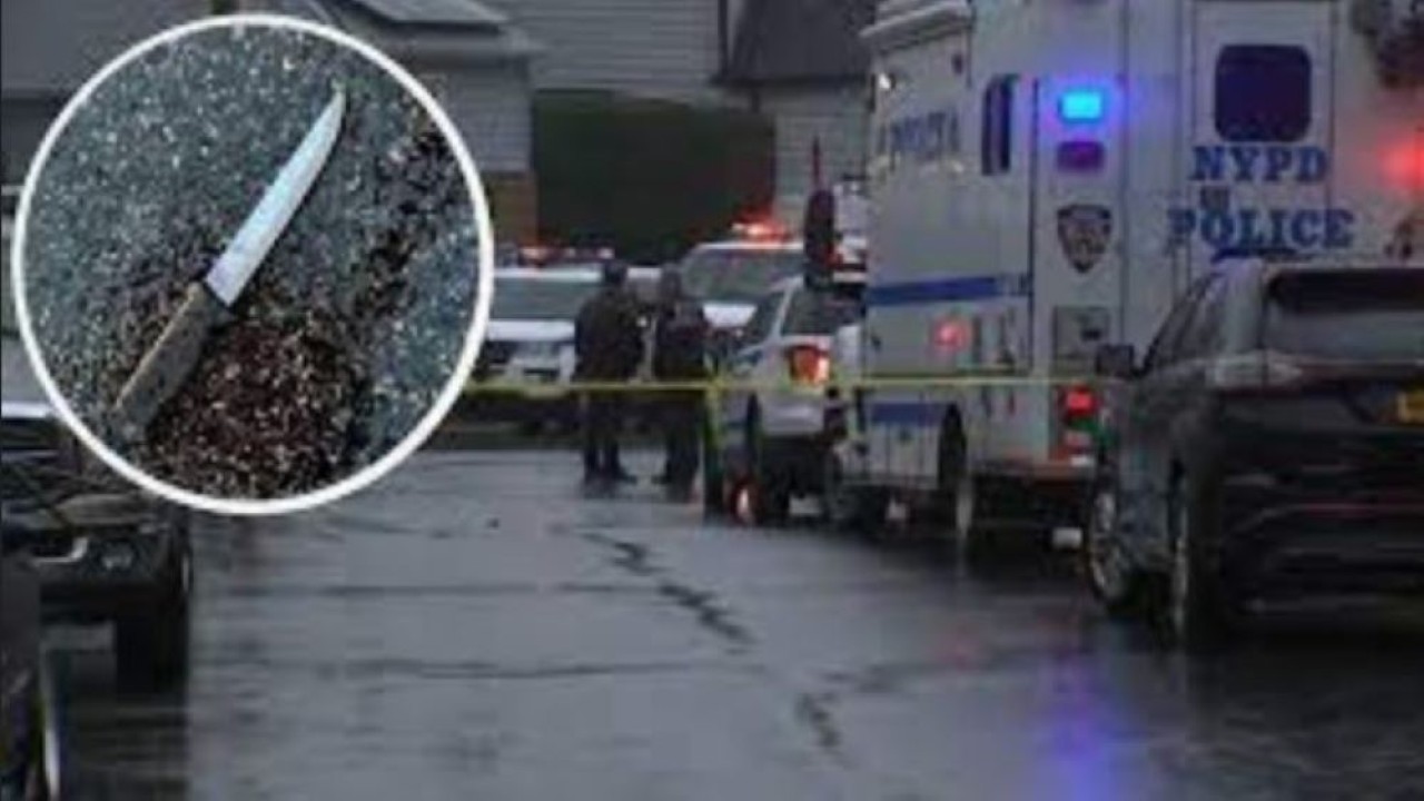 Sebuah pisau ditemukan di lokasi kejadian tergeletak di trotoar setelah seorang pria, yang kemudian ditembak mati oleh polisi, membunuh empat anggota keluarga besarnya, di sebuah rumah di Queens, Kota New York, AS, 3 Desember 2023. (NYPD/Handout melalui Reuters)