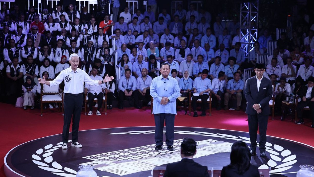 Para Calon Presiden Ganjar Pranowo, Prabowo Subianto dan Anies Baswedan pada debat perdana Capres/ist