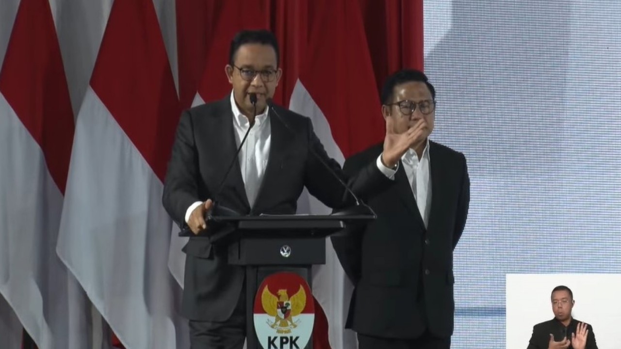 Pasangan capres dan cawapres nomor urut 1 Anies Baswedan-Muhaimin Iskandar pada acara Paku Integritas di Kantor KPK, Kuningan, Jakarta, Rabu (17/1) malam/ist