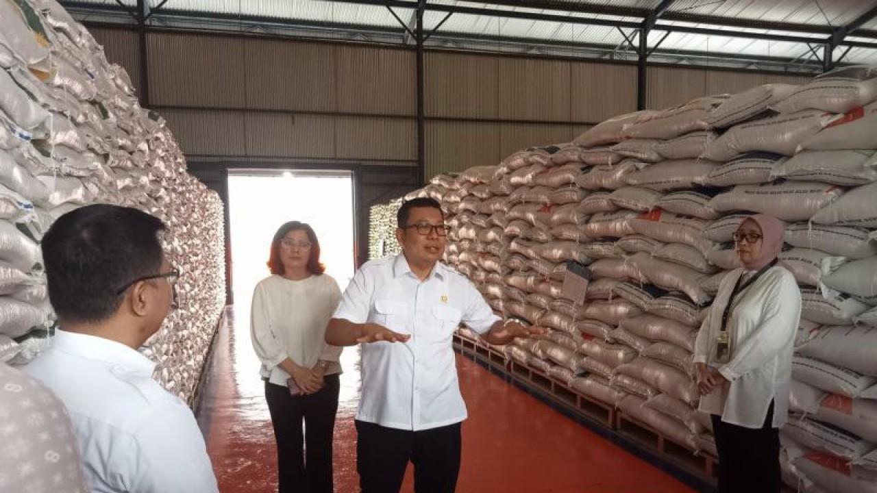 Kepala Badan Pangan Nasional Arief Prasetyo meninjau stok beras Gudang Bulog Pajangan Kabupaten Bantul, DIY usai mendampingi kunjungan kerja Presiden Jokowi ke gudang tersebut. Selasa (30/1/2024) (ANTARA/Hery Sidik)