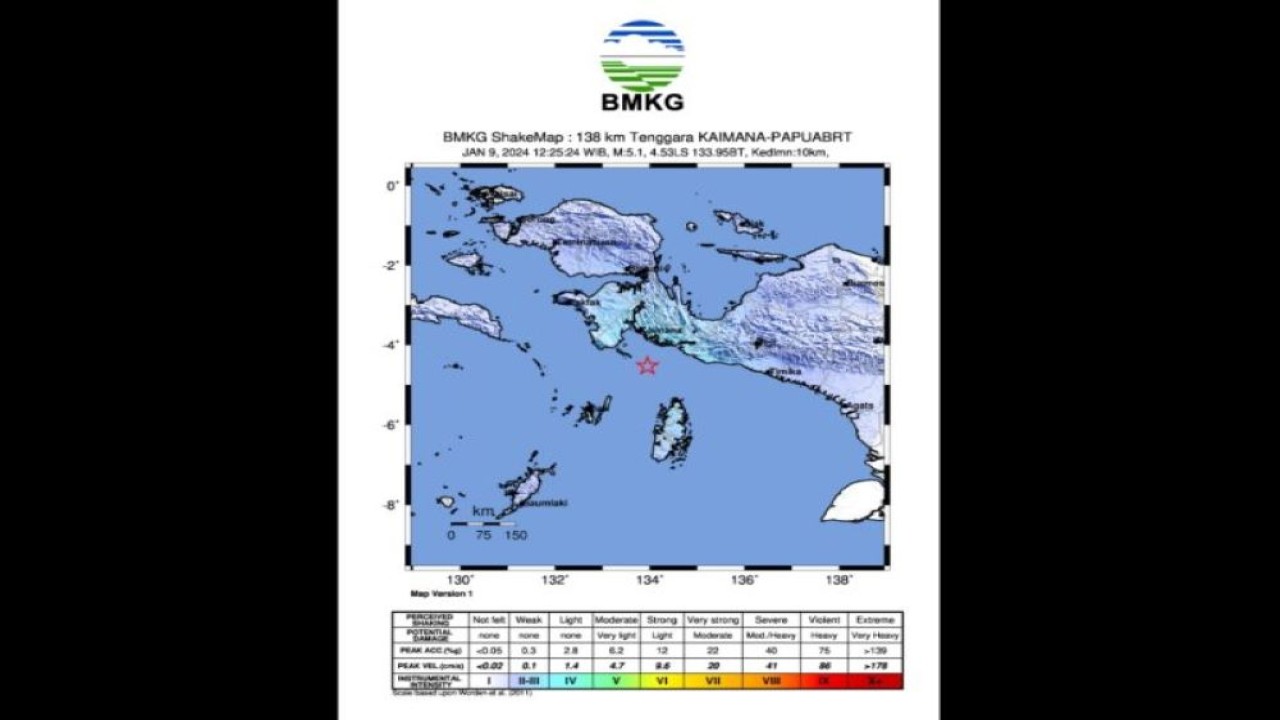 Peta pusat gempa di wilayah tenggara Kaimana, Papua Barat, Selasa (9/1/2024). (ANTARA/HO-BMKG)