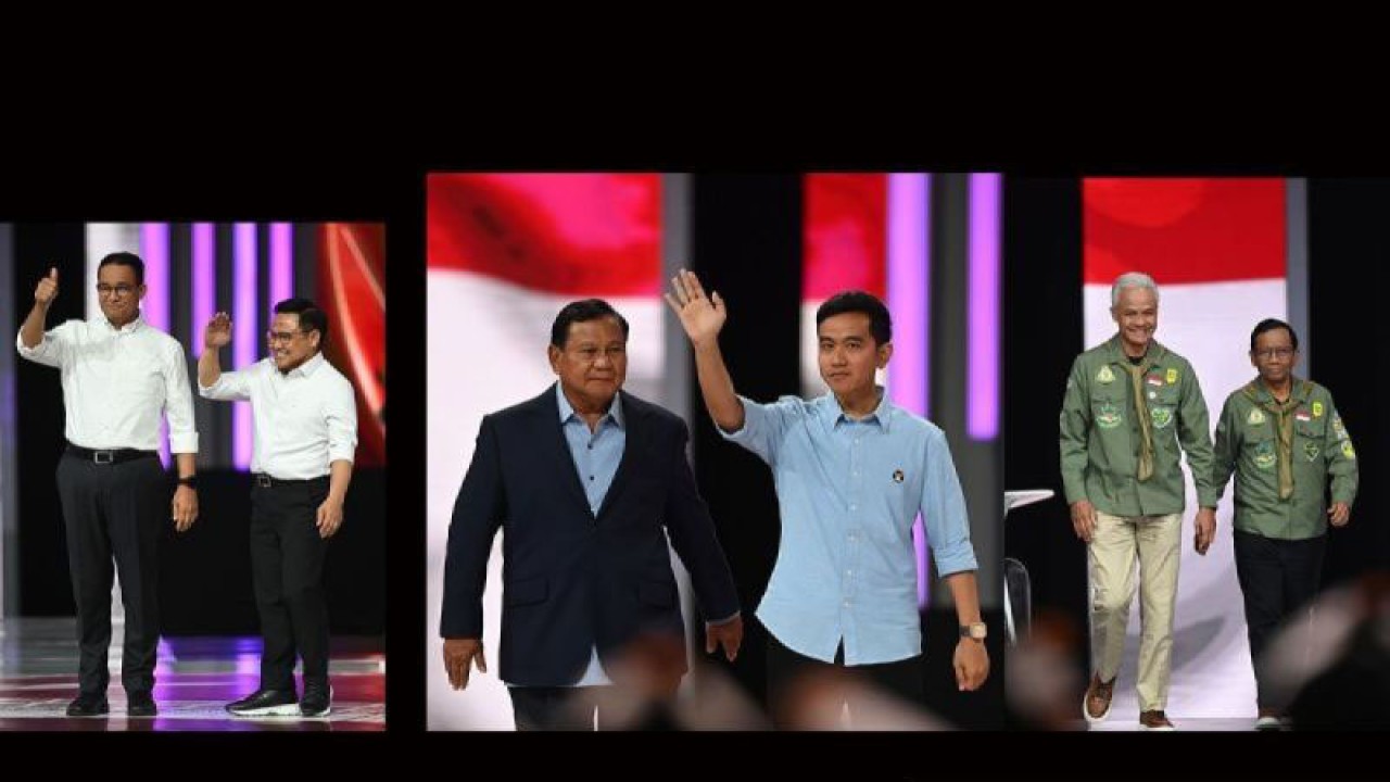 Tiga pasangan calon (paslon) presiden dan wakil presiden peserta Pilpres 2024 tiba di Balai Sidang JCC Senayan, Jakarta, Minggu malam, untuk mengikuti Debat Keempat Cawapres Pemilu 2024 yang diselenggarakan Komisi Pemilihan Umum (KPU) RI. ANTARA FOTO//M Risyal Hidayat/tom/pri.