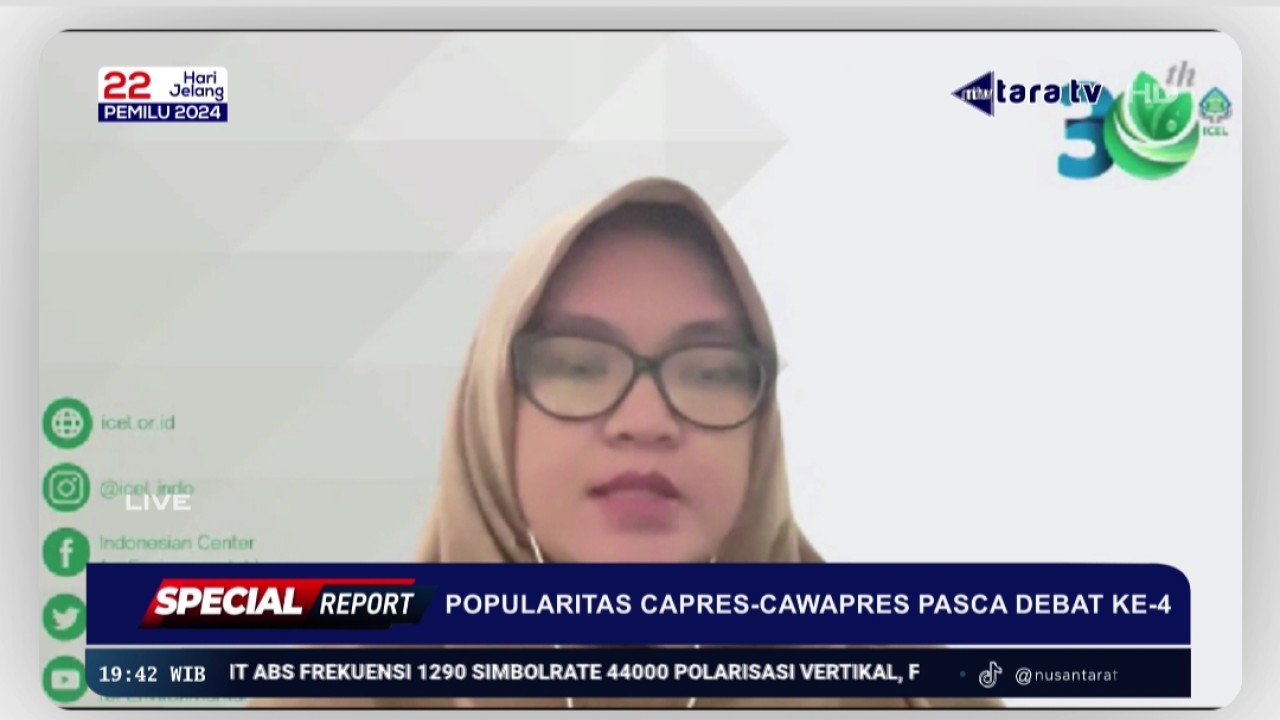 Deputi Direktur Indonesian Center For Enviromental Law, Grita Anindarini saat menjadi narasumber Nusantara TV di Spesial Report Popularitas Capres - Cawapres Pasca Debat Ke-4