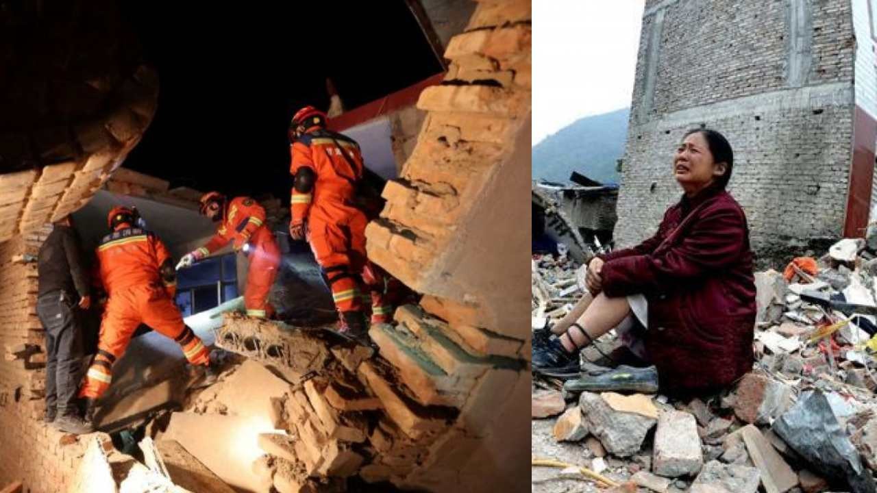 Tim penyelamat mencari korban yang tertimbun reruntuhan bangunan akibat gempa bumi 7,1 magnitudo yang melanda Xinjiang, China/ist