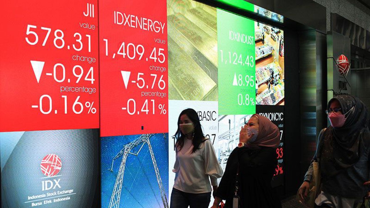 Pekerja melintas di depan layar indeks harga saham gabungan (IHSG) di Gedung Bursa Efek Indonesia, Jakarta, Jumat (11/3/2022). ANTARA FOTO/Reno Esnir/wsj.