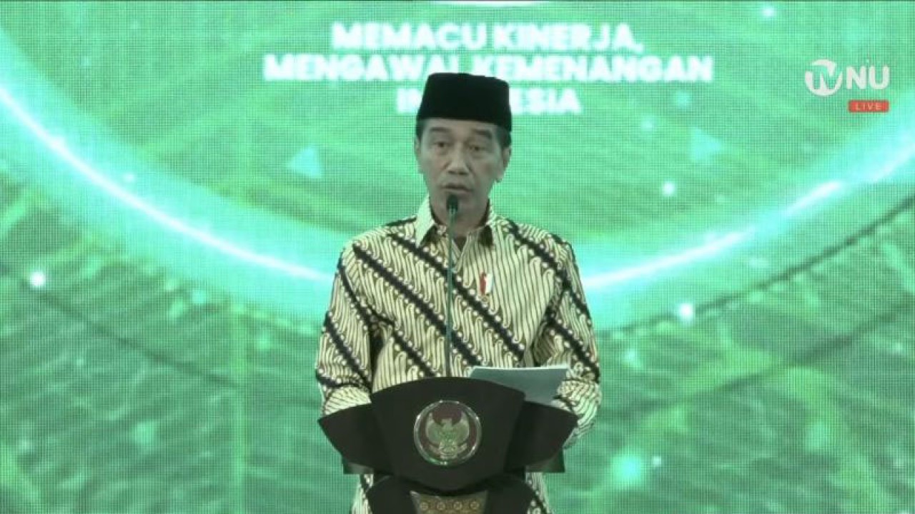 Tangkapan layar siaran Presiden Joko Widodo saat menyampaikan sambutan pada acara peresmian Gedung Kampus Terpadu Universitas Nahdlatul Ulama (UNU) Yogyakarta pada Rabu (31/1/2024). (ANTARA/Andi Firdaus)