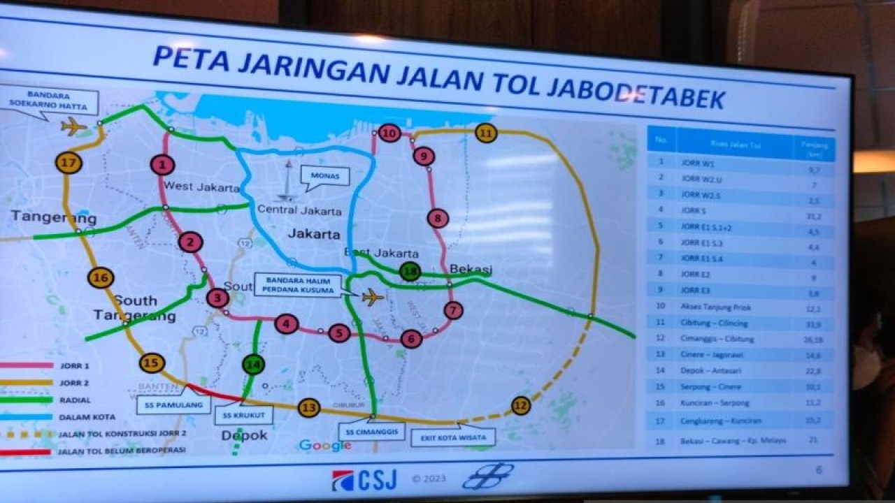 Jaringan Tol Jakarta Outer Ring Road 2 (JORR) digambarkan sebagai garis kuning dalam Peta Jaringan Jalan Tol Jabodetabek. ANTARA/Aji Cakti