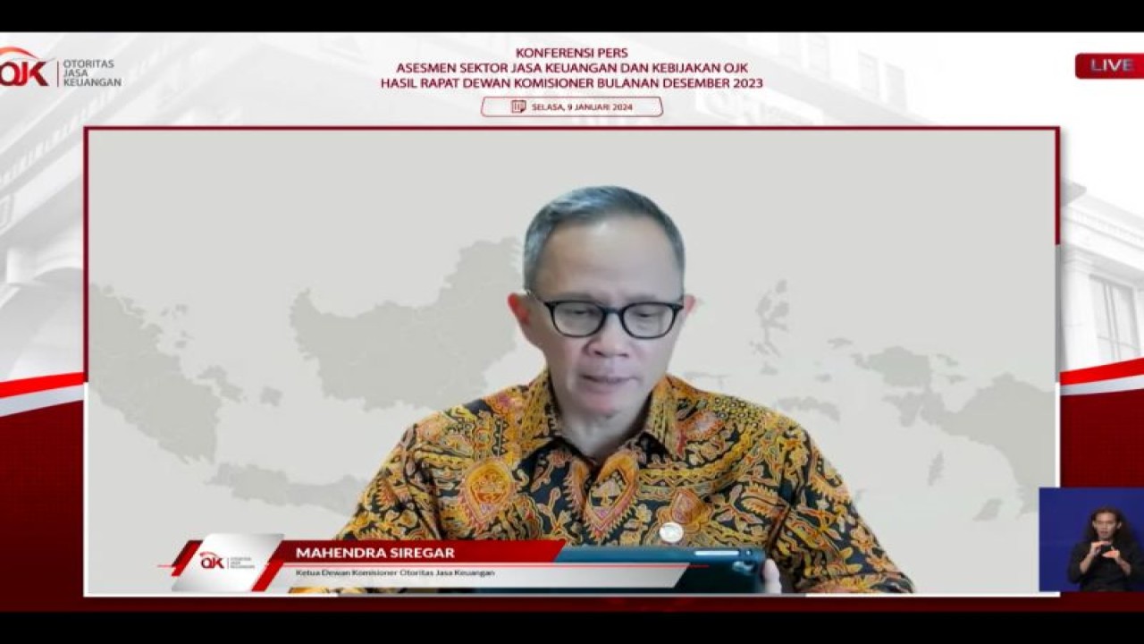 Tangkapan virtual Ketua Dewan Komisioner Otoritas Jasa Keuangan (OJK) Mahendra Siregar dalam Konferensi Pers Asesmen Sektor Jasa Keuangan & Kebijakan OJK Hasil RDK Bulanan Desember 2023, Jakarta, Selasa (9/01/2024). ANTARA/M. Baqir Idrus Alatas