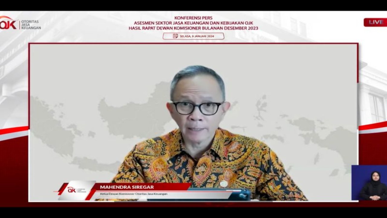 Tangkapan virtual Ketua Dewan Komisioner Otoritas Jasa Keuangan (OJK) Mahendra Siregar dalam Konferensi Pers Asesmen Sektor Jasa Keuangan & Kebijakan OJK Hasil RDK Bulanan Desember 2023, Jakarta, Selasa (9/01/2024). ANTARA/M. Baqir Idrus Alatas