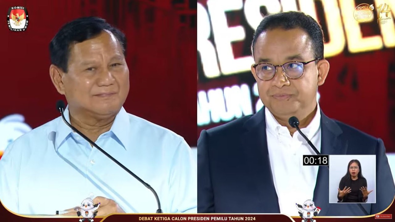 Calon presiden (capres) nomor urut 1 Anies Baswedan dan capres nomor urut 2 Prabowo Subianto. (Tangkapan layar YouTube KPU RI)