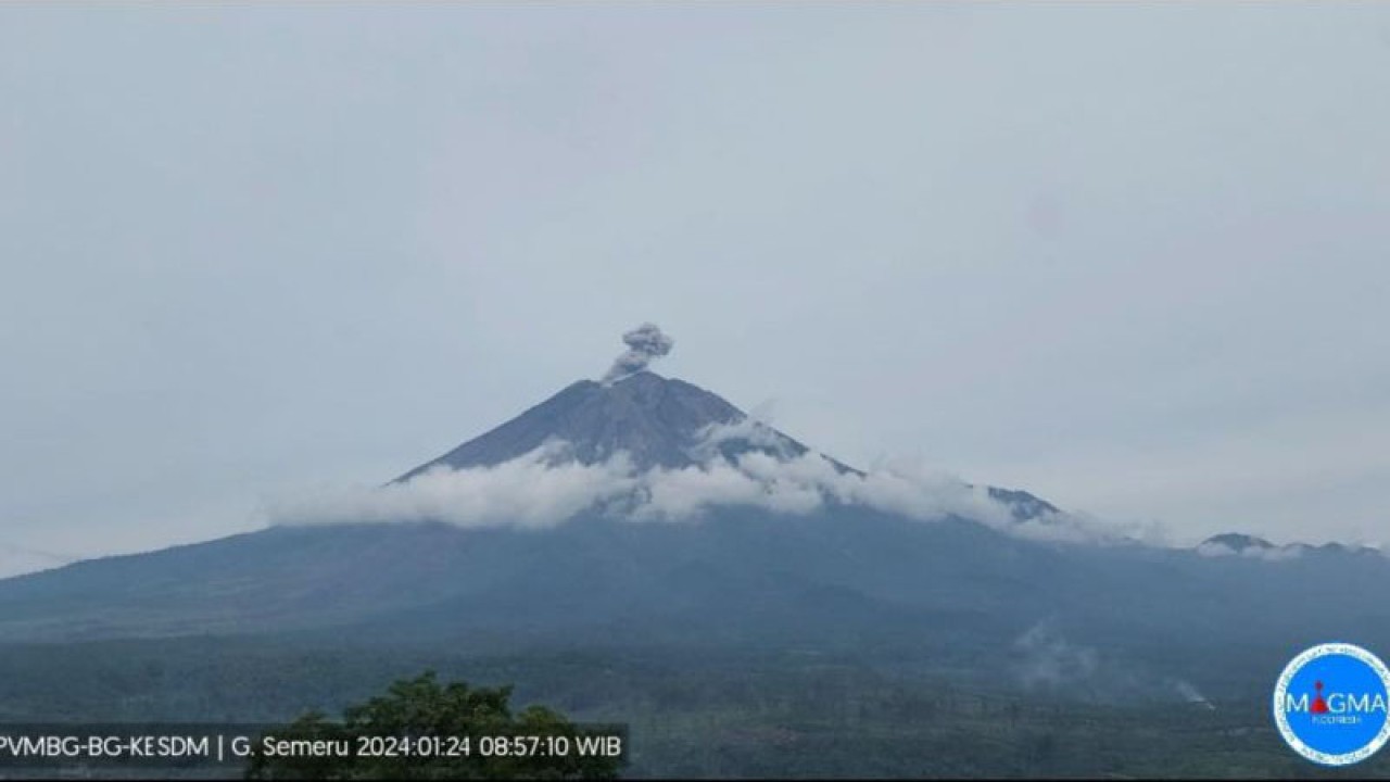 Gunung Semeru erupsi yang terlihat dari Pos Pengamatan Gunung api Semeru di Gunung Sawur pada Rabu pukul 08.55 WIB. ANTARA/HO-PVMBG.