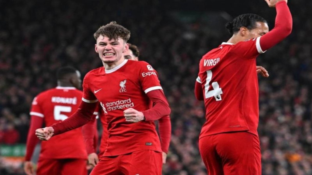 Selebrasi Conor Bradley setelah mencetak gol untuk Liverpool dalam pertandingan Liga Inggris lawan Chelsea di Anfield pada Kamis (02/2/2024). ANTARA/HO-Livepoolfc