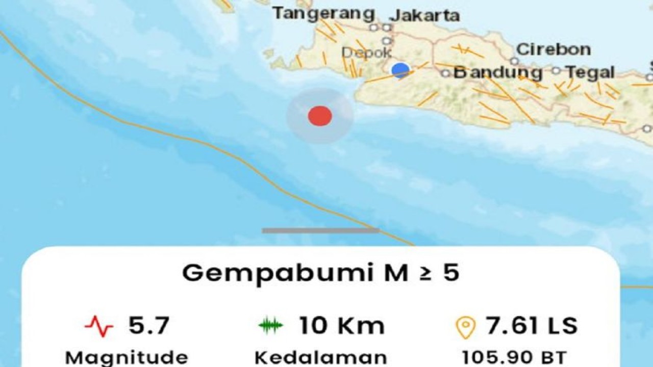 Titik gempa M5,7 yang berlokasi di 7.61 LS,105.90 BT, 85 km Barat Daya Kabupaten Bayah, Banten dengan kedalaman 10 km pada Minggu (25/2/2024) sekitar pukul 20.07 WIB. ANTARA/HO/BMKG