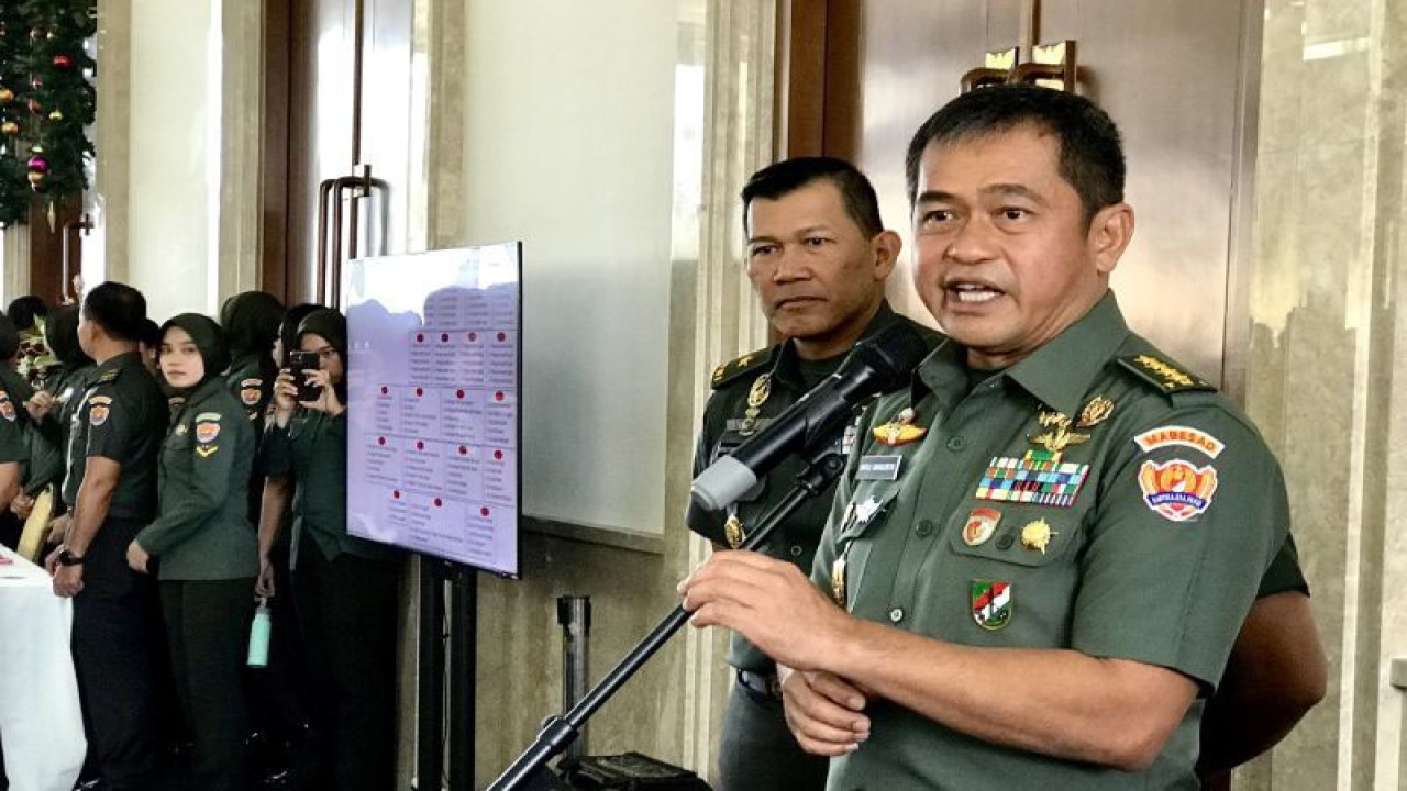 Kepala Staf TNI Angkatan Darat (Kasad) Jenderal TNI Maruli Simanjuntak (kanan) menjawab pertanyaan wartawan saat jumpa pers selepas acara perayaan Natal bersama TNI AD di Jakarta, Senin (5/2/2024). ANTARA/Genta Tenri Mawangi