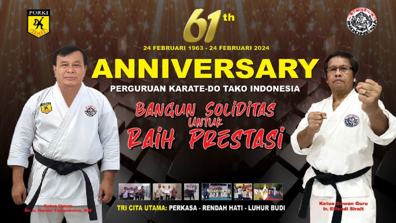 Perguruan Karate-Do TAKO Indonesia genap berusia 61 tahun pada 24 Februari 2024.