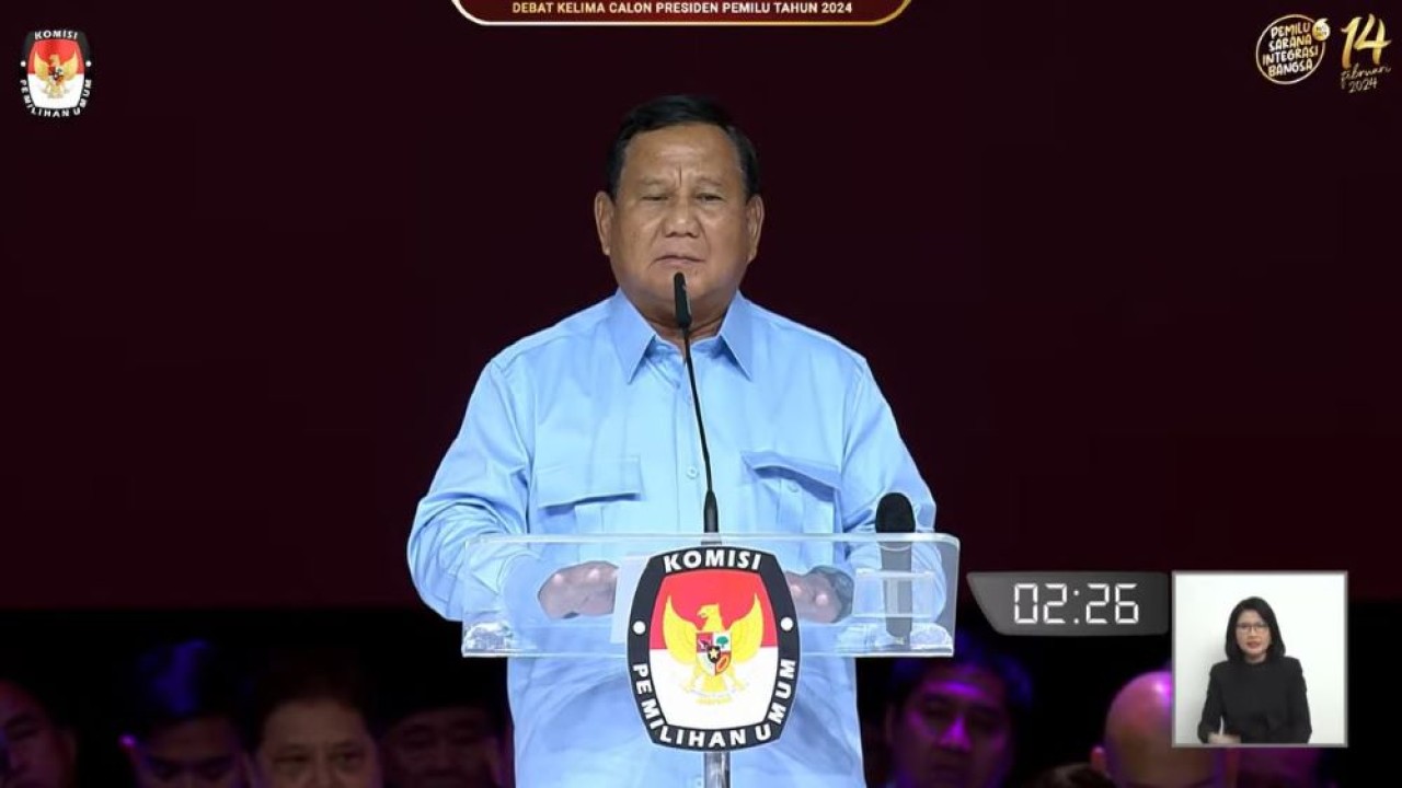 Capres nomor urut 2 Prabowo Subianto membeberkan rencana besar strategi transformasi bangsa pada debat kelima capres Pemilu 2024. (Tangkapan layar YouTube KPU RI)