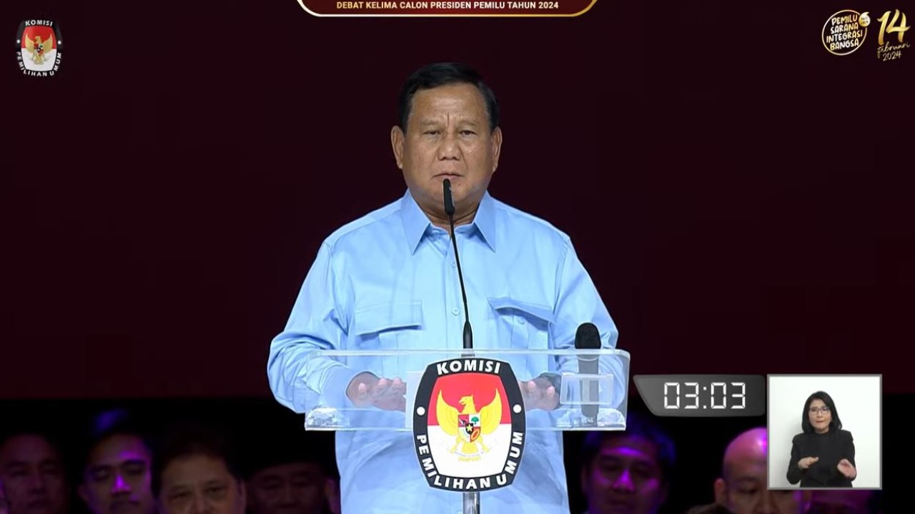 Capres nomor urut 2 Prabowo Subianto membeberkan rencana besar strategi transformasi bangsa pada debat kelima capres Pemilu 2024. (Tangkapan layar YouTube KPU RI)