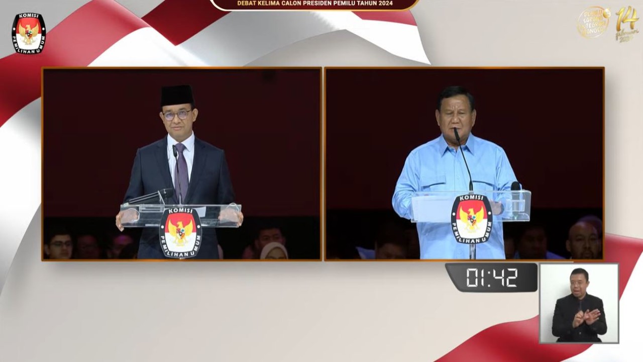 Capres nomor urut 2 Prabowo Subianto menanggapi jawaban capres nomor 1 Anies Baswedan. (Tangkapan layar YouTube KPU RI)