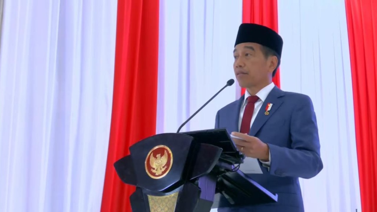 Presiden Jokowi saat berpidato di Rapim TNI-Polri. (YouTube Kemhan)
