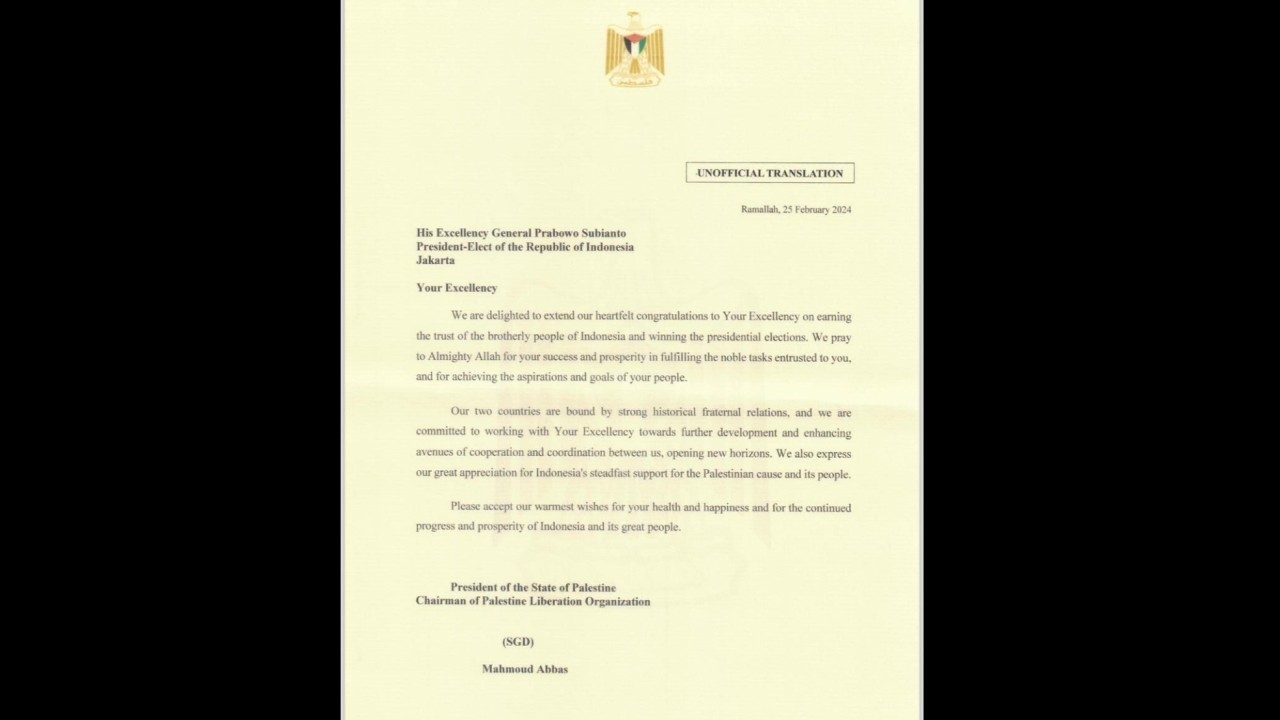 Surat Presiden Palestina Mahmoud Abbas yang berisi ucapan selamat ke Prabowo yang dianggap menang Pilpres 2024.