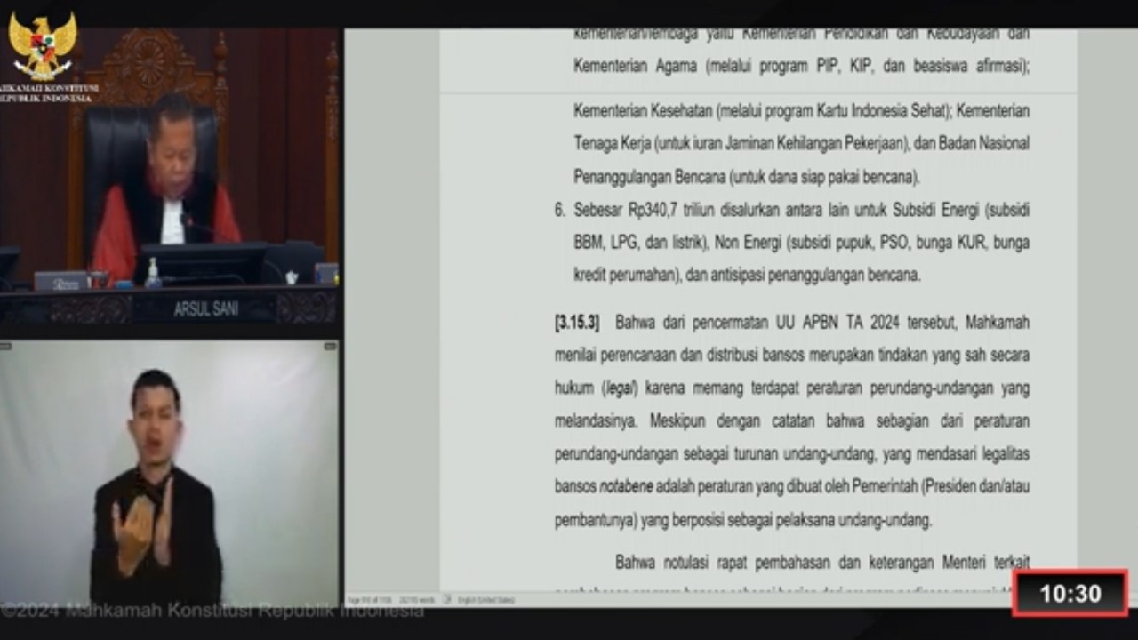 Hakim MK Arsul Sani saat membacakan putusan sengketa hasil Pilpres 2024. (YouTube)