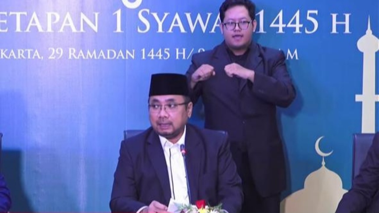 Menag Yaqut Cholil Qoumas dalam konferensi pers penetapan 1 Syawal 1445 Hijriyah. (YouTube)