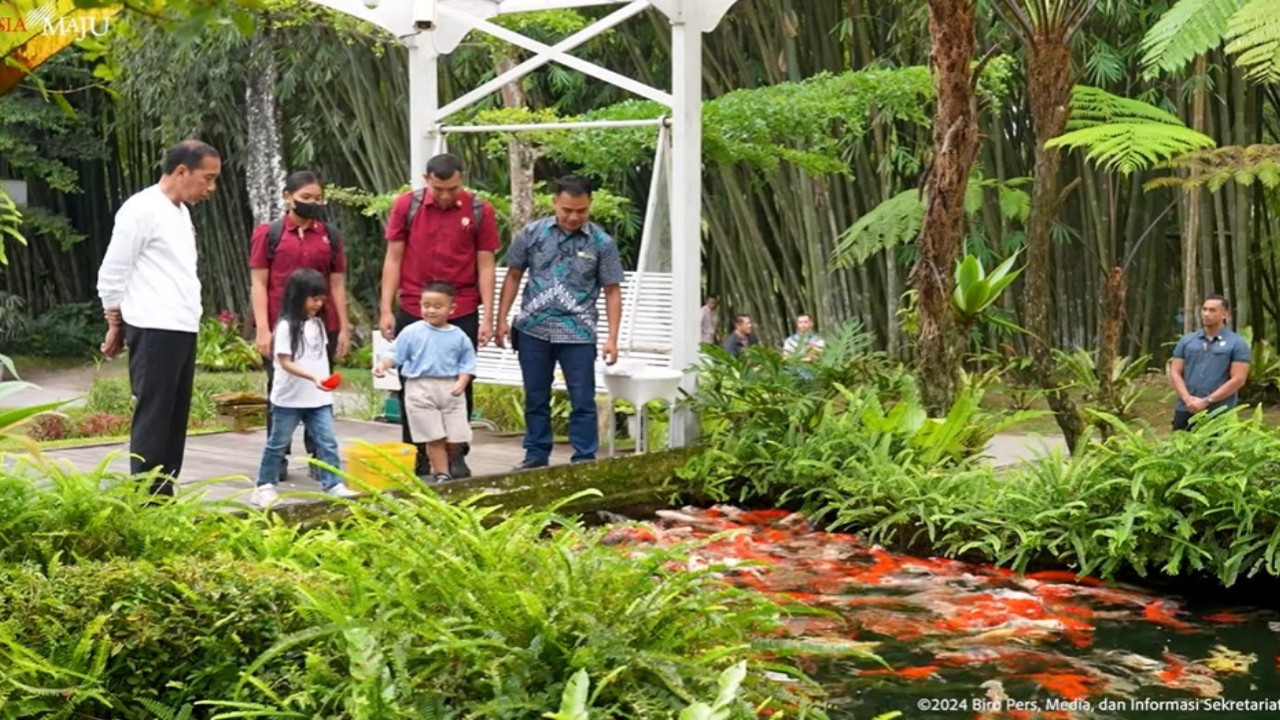 Tangkap layar - Presiden Jokowi bersama cucunya melihat ikan koi. (YouTube: Seketariat Presiden)