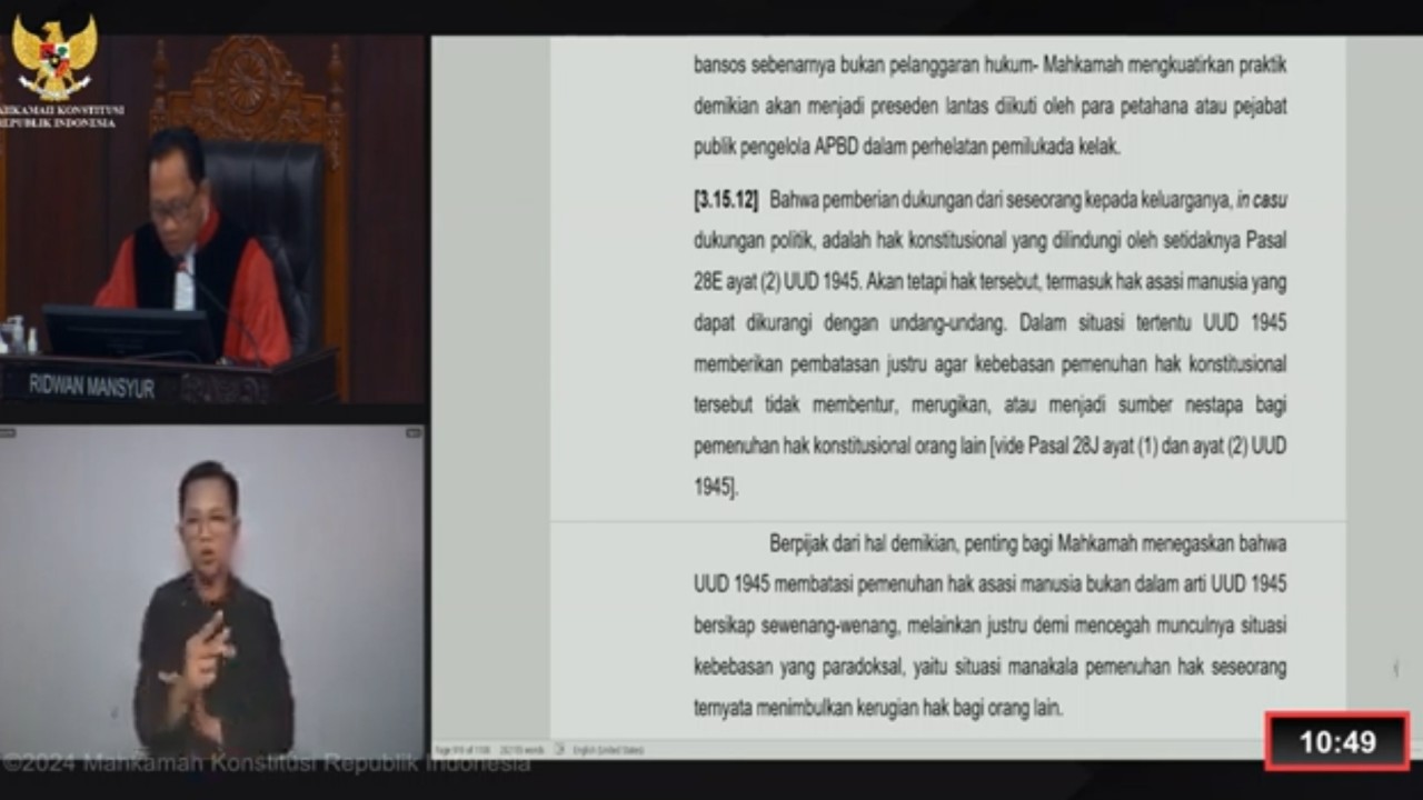 Sidang putusan sengketa hasil Pilpres 2024 di Mahkamah Konstitusi. (YouTube)