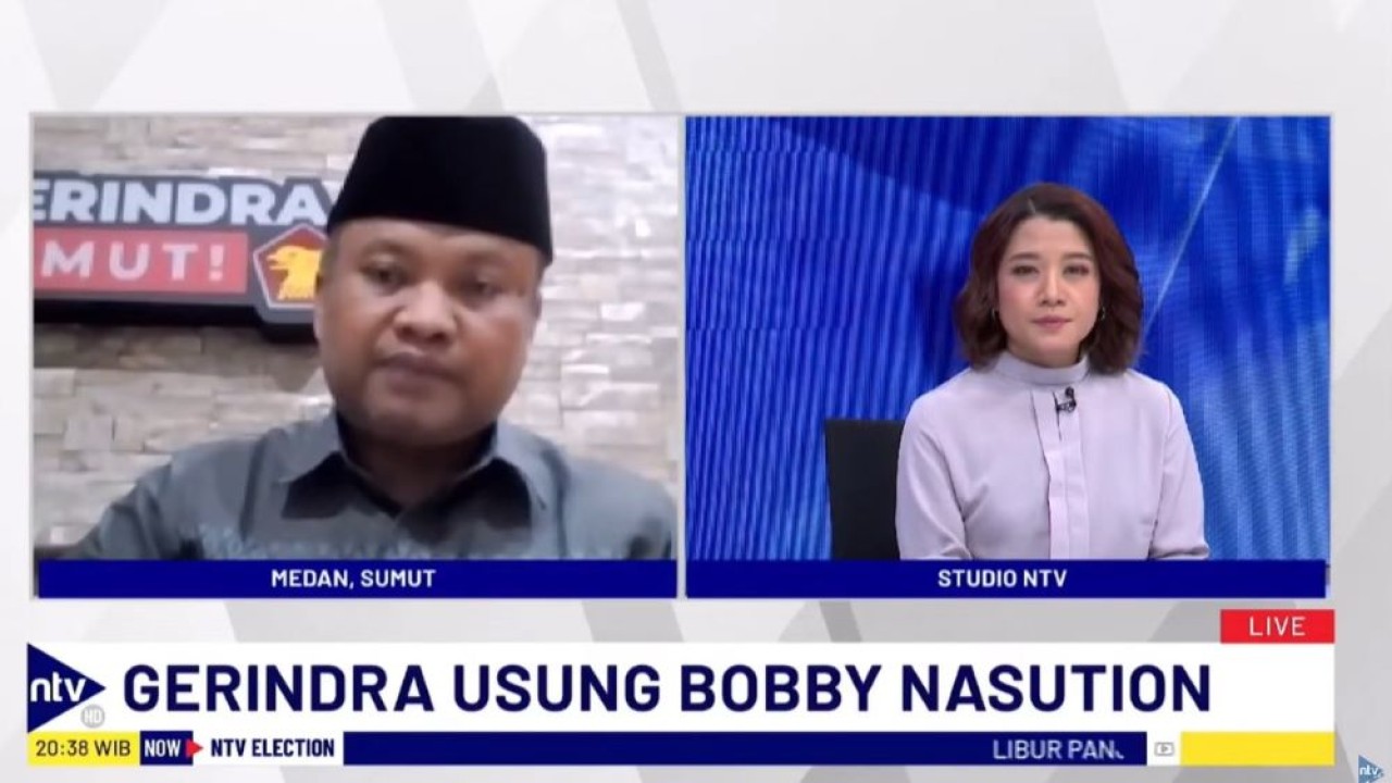 Sekretaris DPD Partai Gerindra Sumatera Utara Sugiat Santoso saat menjadi narasumber dalam program NTV Election di Nusantara TV, Jumat (24/5/2024).