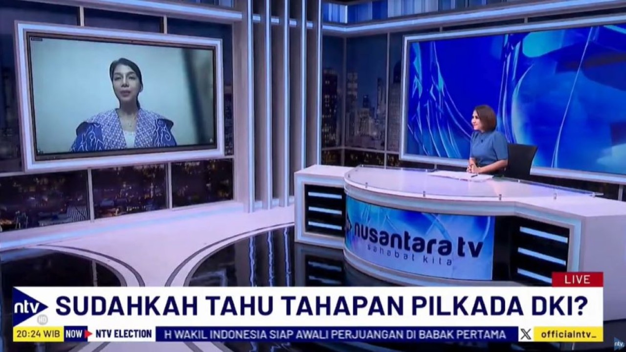 Ketua Divisi Sosialisasi KPU DKI Jakarta, Astri Megatari saat menjadi narasumber dalam program NTV Election di Nusantara TV, Rabu (29/5/2024).