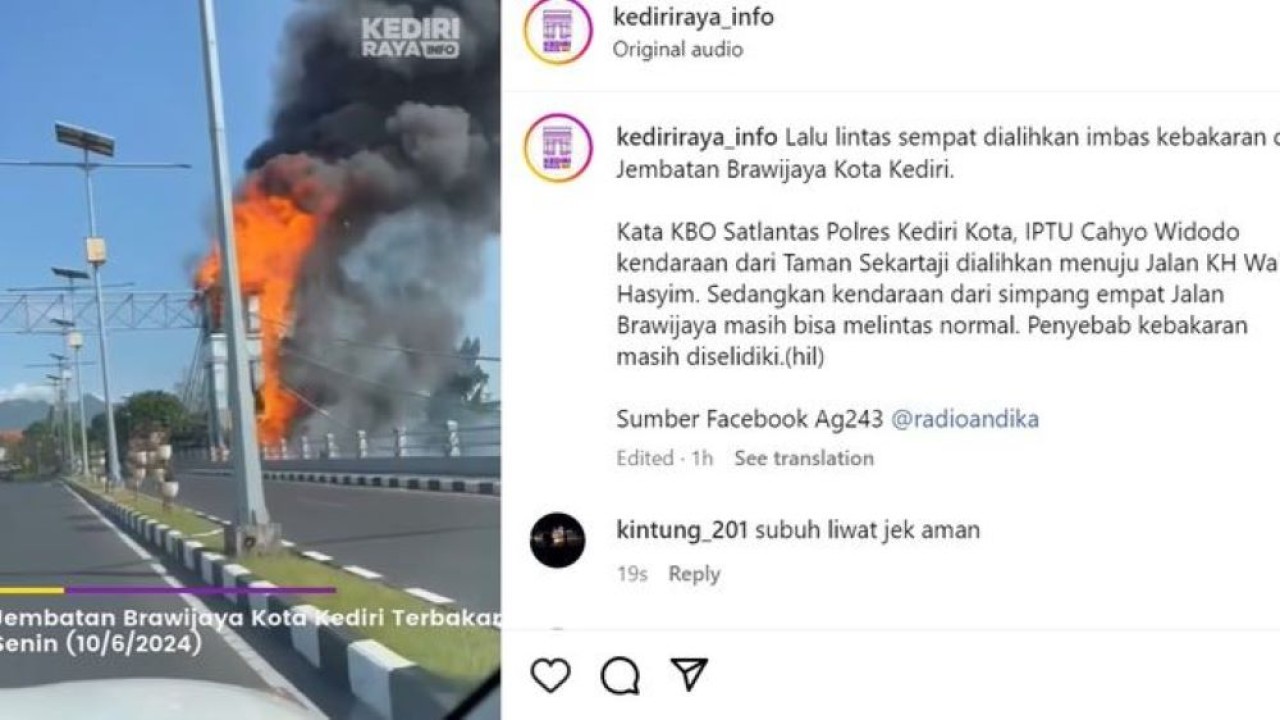 Lalu lintas sempat dialihkan imbas kebakaran di Jembatan Brawijaya, Kota Kediri, Jawa Timur.