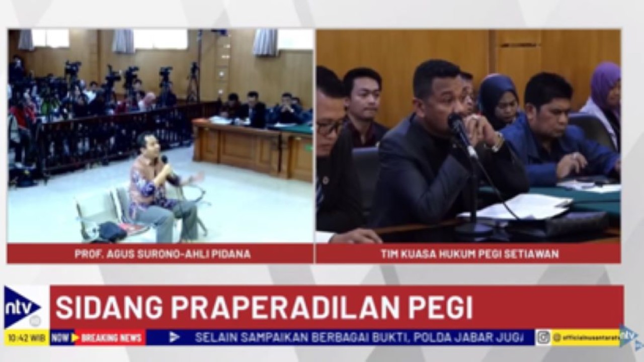 Saksi ahli yang dihadirkan Polda Jabar, Profesor Agus Surono berdebat sengit dengan tim kuasa hukum Pegi Setiawan dalam sidang pra peradilan di Pengadilan Negeri Bandung/tangkapan layar NTV
