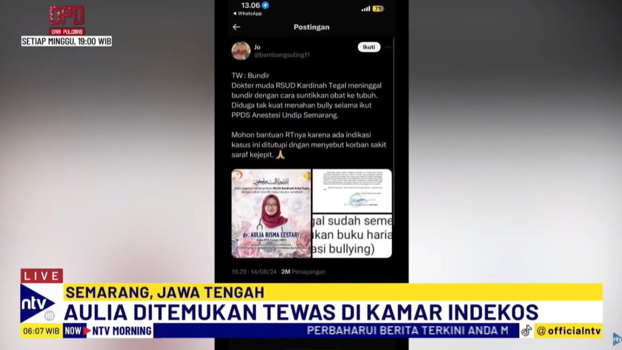 Dokter muda Aulia Risma Lestari diduga bunuh diri akibat depresi dan juga menjadi korban bullying selama menjalani Program Pendidikan Dokter Spesialis (PPDS) yang dilakukan para senior di Universitas Diponegoro (Undip) Semarang, Jawa Tengah.