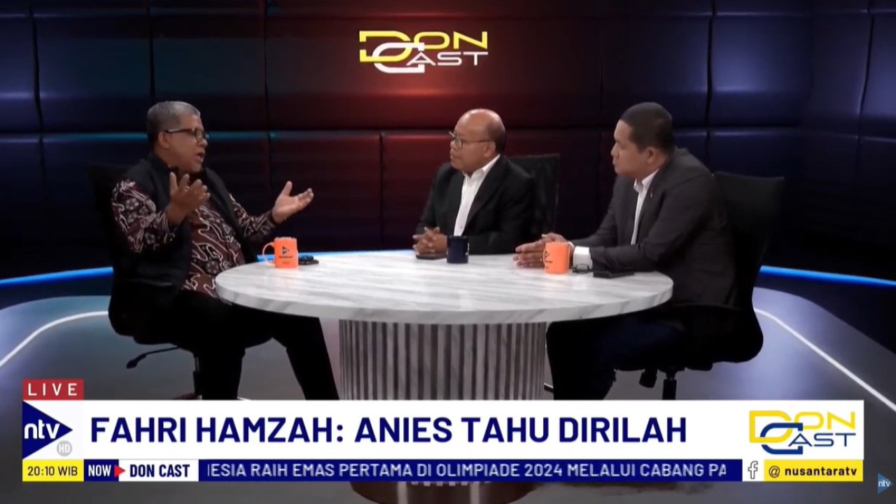 Fahri Hamzah saat tampil sebagai bintang tamu dalam Program DonCast di Nusantara TV yang dipandu jurnalis senior Don Bosco Selamun dan Donny de Keizer, Kamis, 8 Agustus 2024.