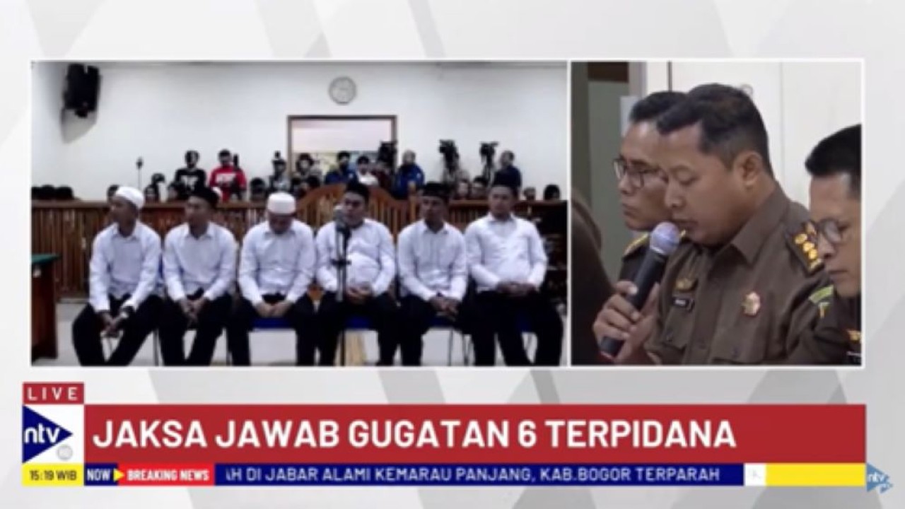 Jaksa membacakan jawaban terhadap memori PK yang diajukan 6 terpidana kasus Vina di Pengadilan Negeri Cirebon, Jawa Barat/tangkapan layar NTV