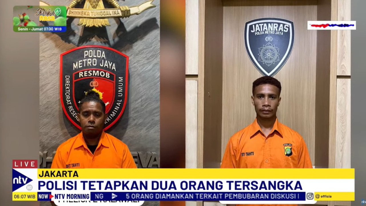 Polisi telah mengamankan lima orang yang diduga terlibat dalam peristiwa perusakan diskusi di Kemang, Jakarta Selatan. Dari lima orang itu, dua sudah ditetapkan sebagai tersangka, yaitu FEK dan GW.